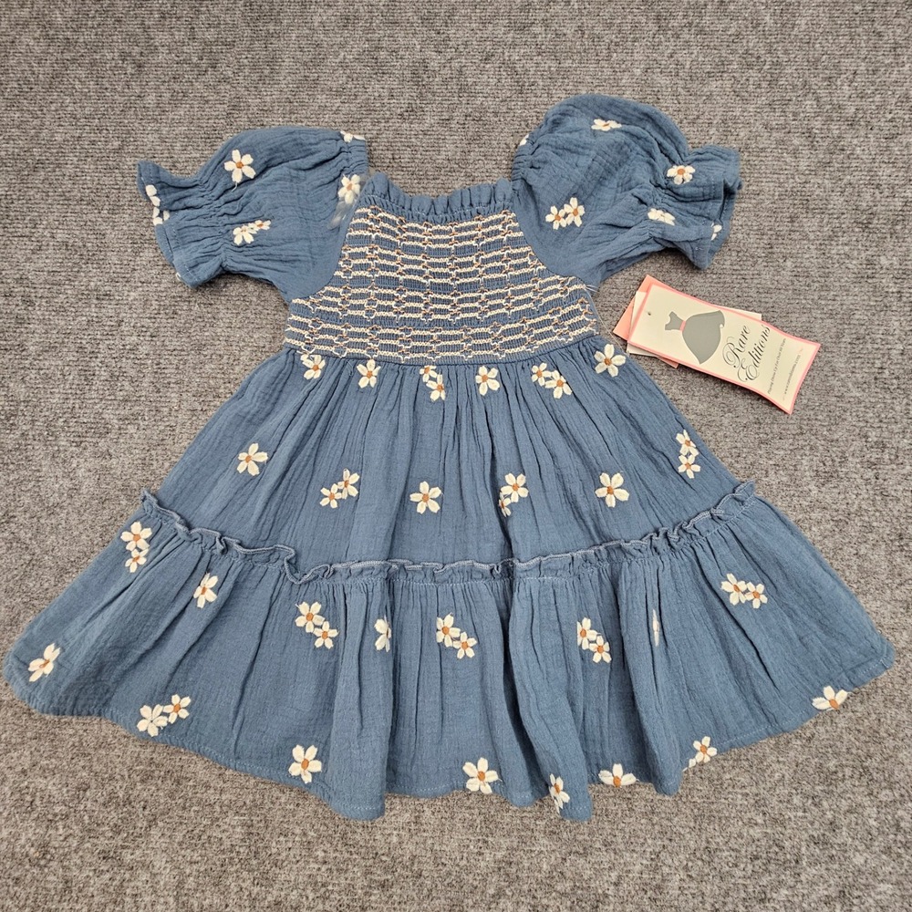 Rare Editions Dress Girls 2T F747535 Blue Floral Embroidered Smocked Tiered NWT